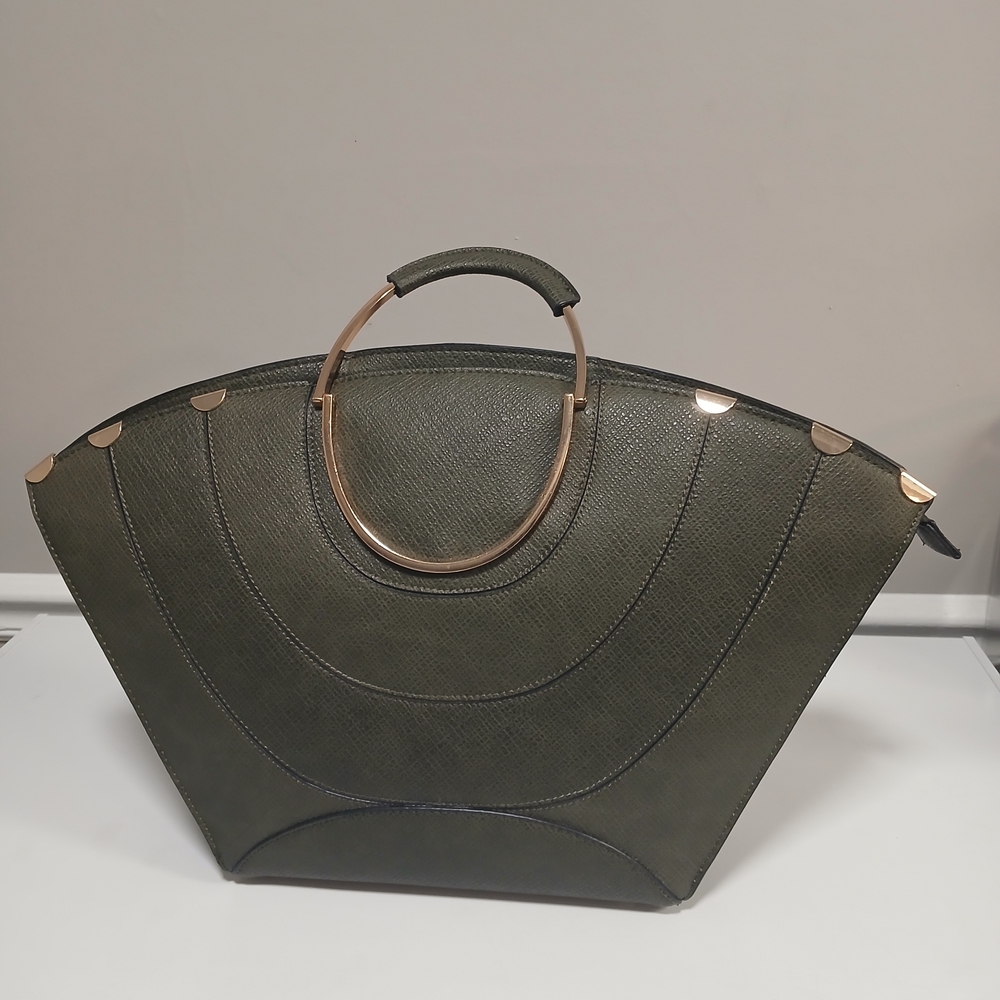 Like New! Cato Olive Green Structured Faux Leather Tote with Gold Metal Handles